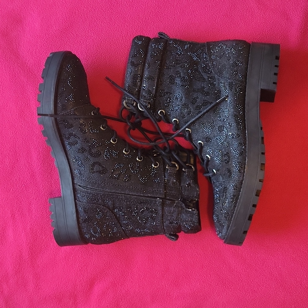 Gianni Bini Sparkle Leopard Bling Black Boots Lace Up 10 New